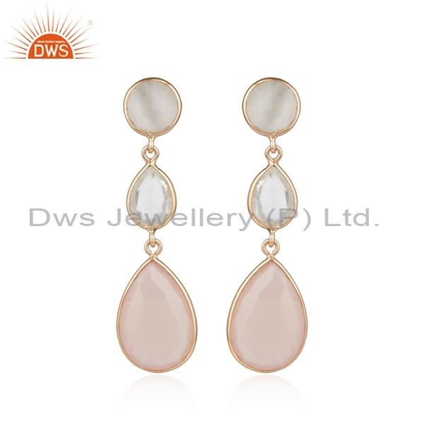 18K Rose Gold Plated Silver Crystal Quartz And Rose Chalcedony Drop Earrings