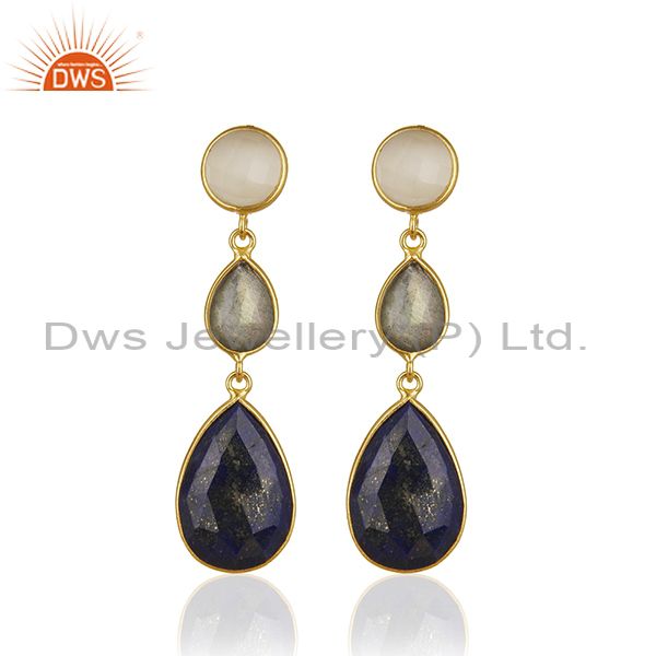 18K Gold Plated Sterling Silver Lapis Lazuli And Labradorite Dangle Earrings