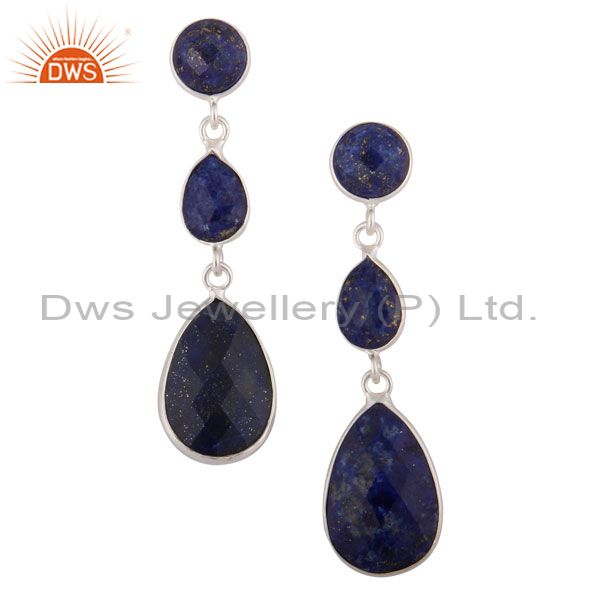 925 Sterling Silver Lapis Lazuli Bezel Set Triple Gemstone Dangle Earrings