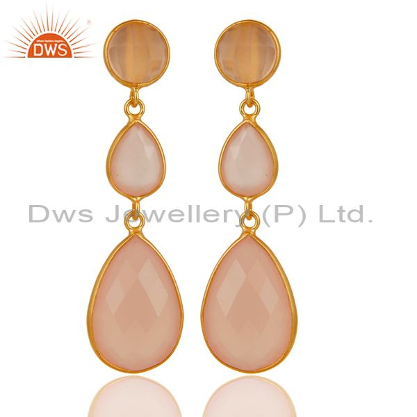 Gold Plated 925 Silver Faceted Dyed Rose Chalcedony Bezel-Set Dangle Earrings