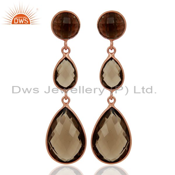 18K Rose Gold Plated Sterling Silver Faceted Smoky Quartz Triple Drop Earrings