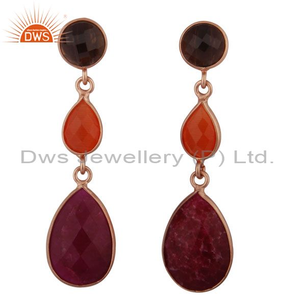 18K Rose Gold Plated Silver Dyed Ruby, Moonstone And Smoky Triple Drop Earrings