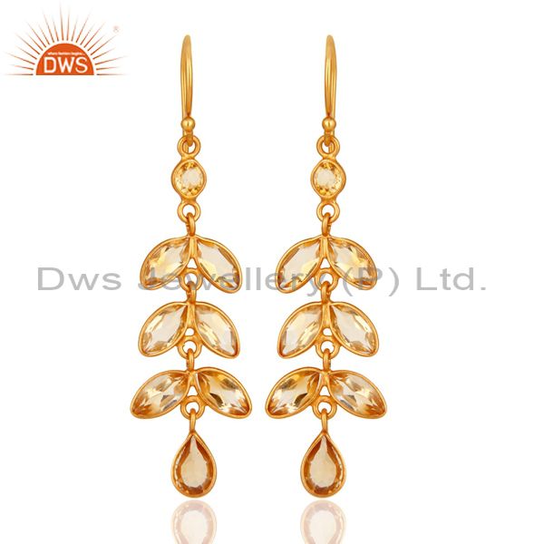18K Yellow Gold Plated Sterling Silver Citrine Gemstone Leaf Dangle Earrings