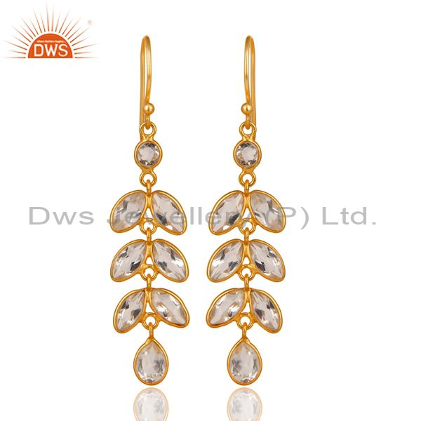 Leaf Desig Gold Plated SIlver Crystal Quartz Gemstone Earrings Jewelry