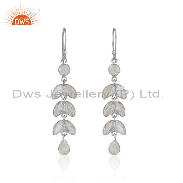 Designer leaf dangle earring in silver with rainbow moonstone
