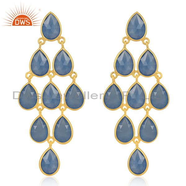 925 Silver Handmade Gold Plated Blue Chalcedony Gemstone Earring Supplier