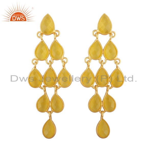 18K Gold Plated Sterling Silver Yellow Moonstone Bridal Chandelier Earrings