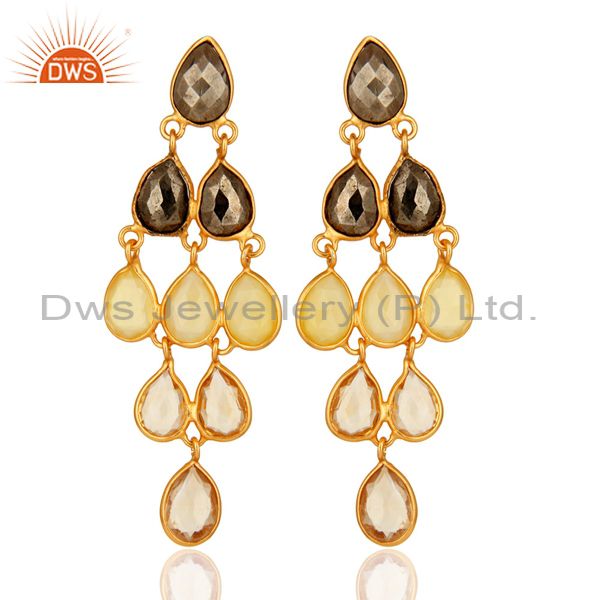 18K Yellow Gold Plated Sterling Silver Citrine And Chalcedony Chandelier Earring