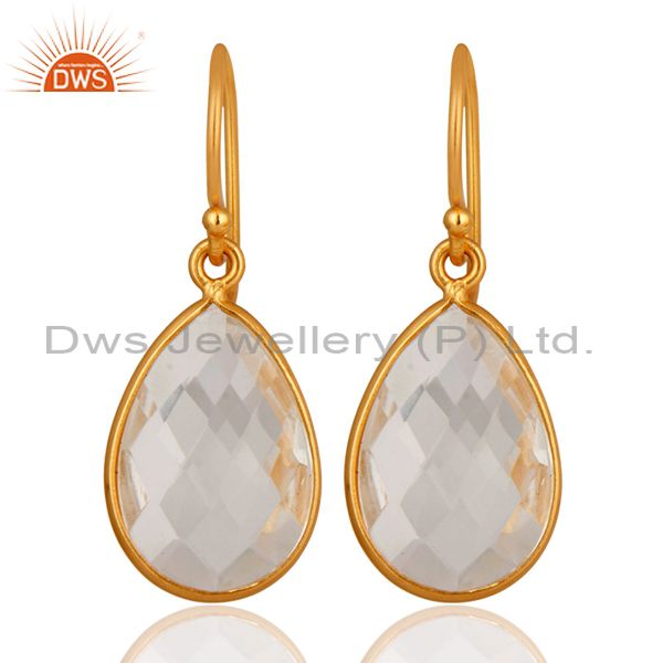 22K Yellow Gold Plated Sterling Silver Crystal Quartz Bezel Set Drop Earrings