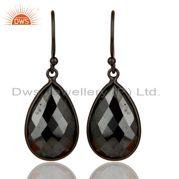 Black Rhodium Plated Sterling Silver Faceted Pyrite Bezel Set Drop Earrings