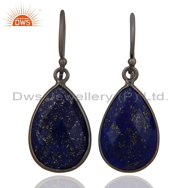 Black Rhodium Plated Sterling Silver Faceted Lapis Lazuli Bezel Set Drop Earring