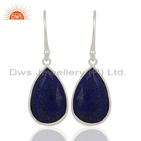 925 Sterling Silver Faceted Lapis Lazuli Bezel Set Gemstone Teardrop Earrings