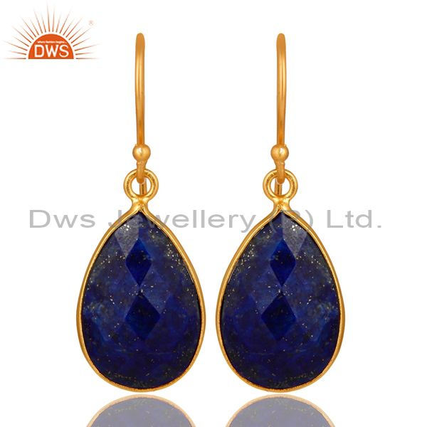 18K Yellow Gold Plated Sterling Silver Lapis Lazuli Faceted Bezel Drop Earrings