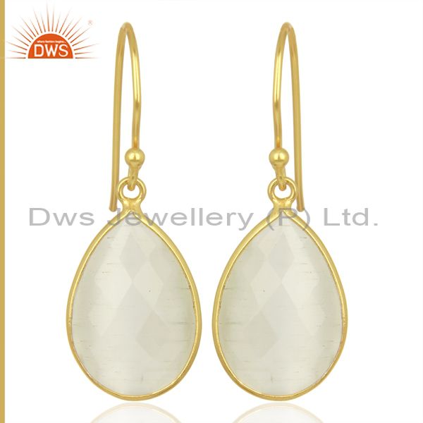 14K Yellow Gold Plated Sterling Silver White Moonstone Bezel Set Drop Earrings