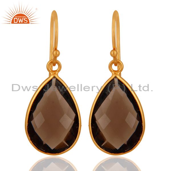 Smoky Quartz Faceted Gemstone Sterling Silver Dangle Earrings With Gold Plated