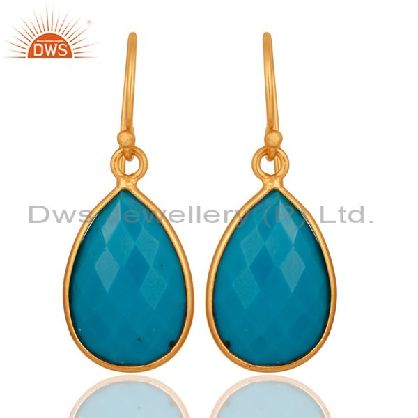 18K Yellow Gold Plated Sterling Silver Faceted Turquoise Bezel Teardrop Earrings