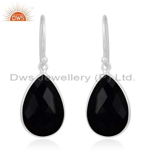 925 Sterling Silver Faceted Black Onyx Gemstone Bezel Set Dangle Earrings