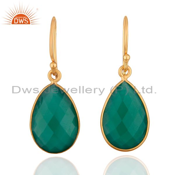 925 Sterling Silver Faceted Green Onyx Gemstone Drop Earrings - Gold Plated