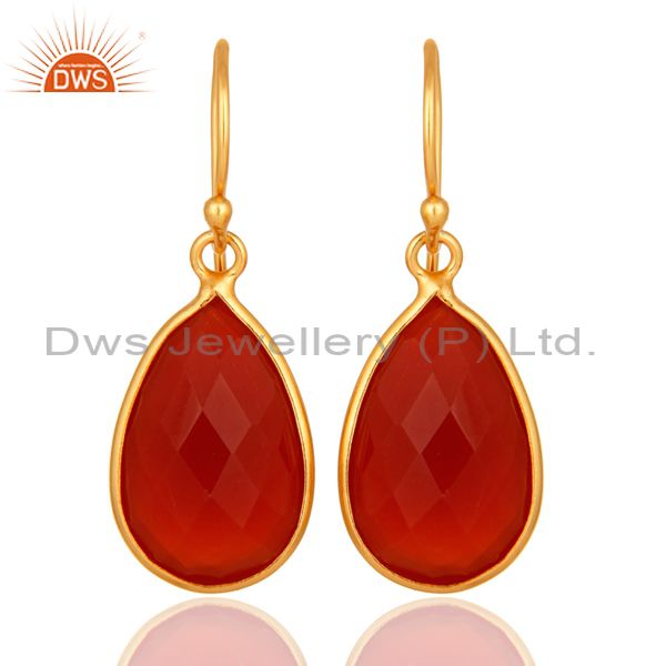 Natural Red Onyx Gold Plated Sterling Silver Bezel-Set Gemstone Drop Earrings
