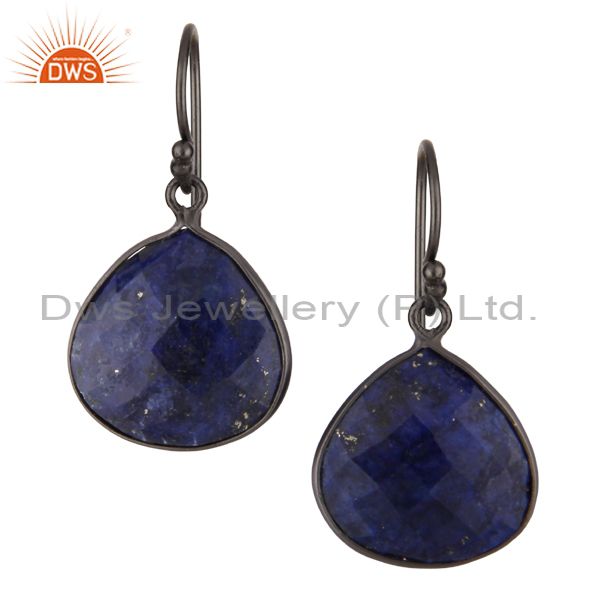 925 Sterling Silver Oxidized Lapis Lazuli Gemstone Bezel Set Drop Earrings