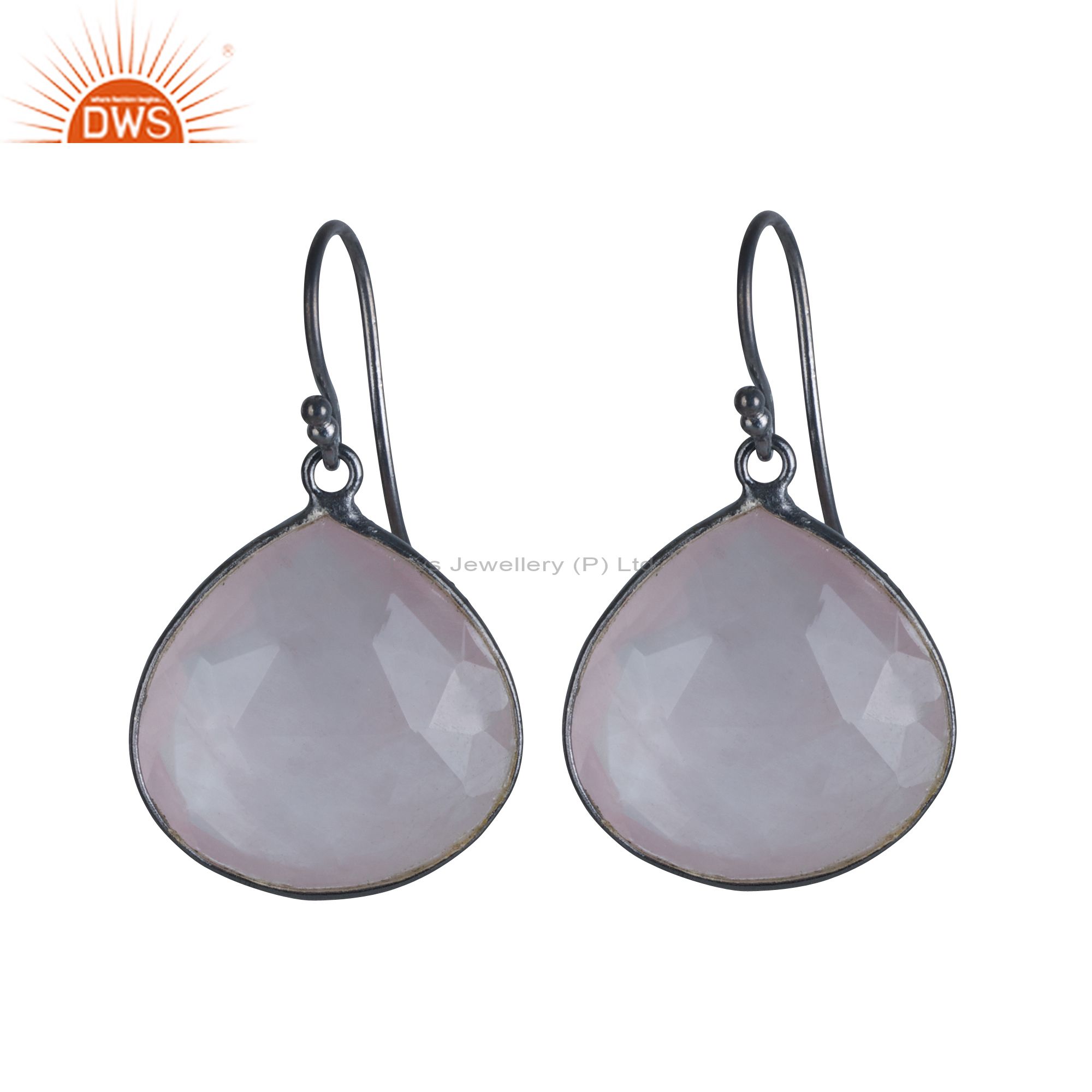 Oxidized Solid Sterling Silver Faceted Peach Moonstone Bezel Set Drop Earrings