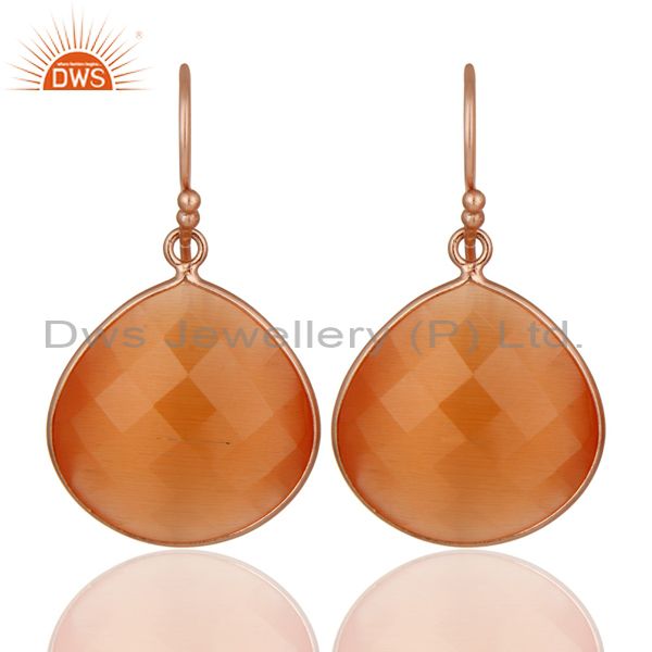 14K Rose Gold Plated Sterling Silver Peach Moonstone Bezel Set Drop Earrings