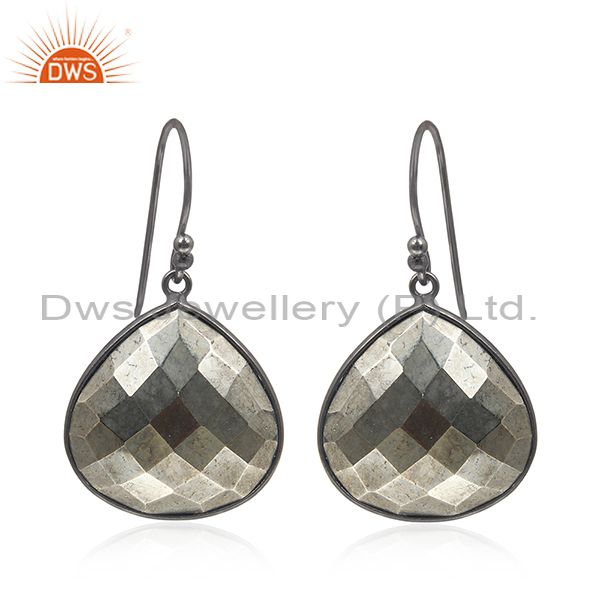 Oxidized Sterling Silver Faceted Golden Pyrite Bezel Set Dangle Earrings