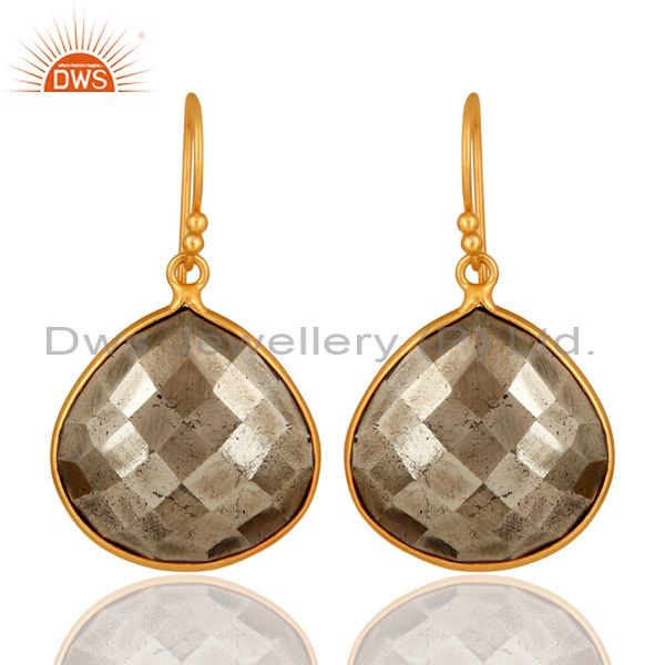 14K Yellow Gold Plated Sterling Silver Faceted Pyrite Bezel Set Drop Earrings
