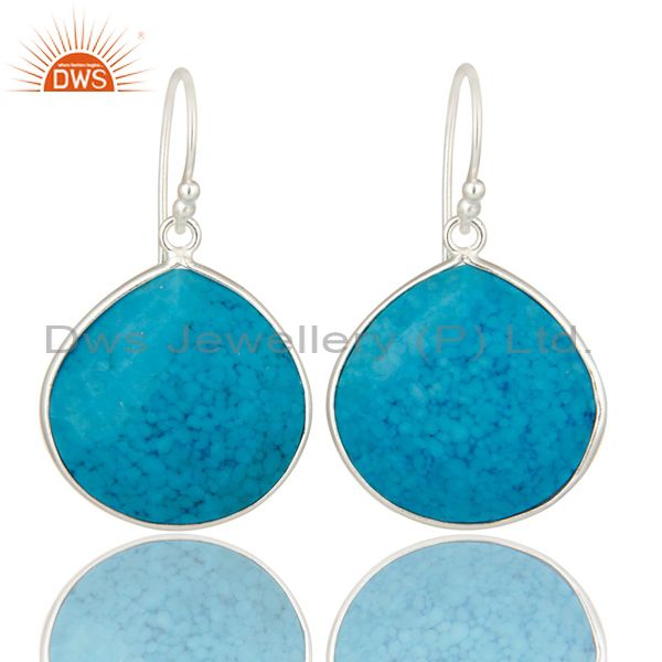 Solid 925 Sterling Silver Turquoise Gemstone Bezel Set Drop Dangle Earrings