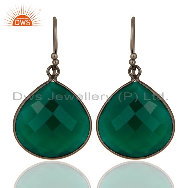 Oxidized Sterling Silver Faceted Green Onyx Bezel Set Gemstone Drop Earrings