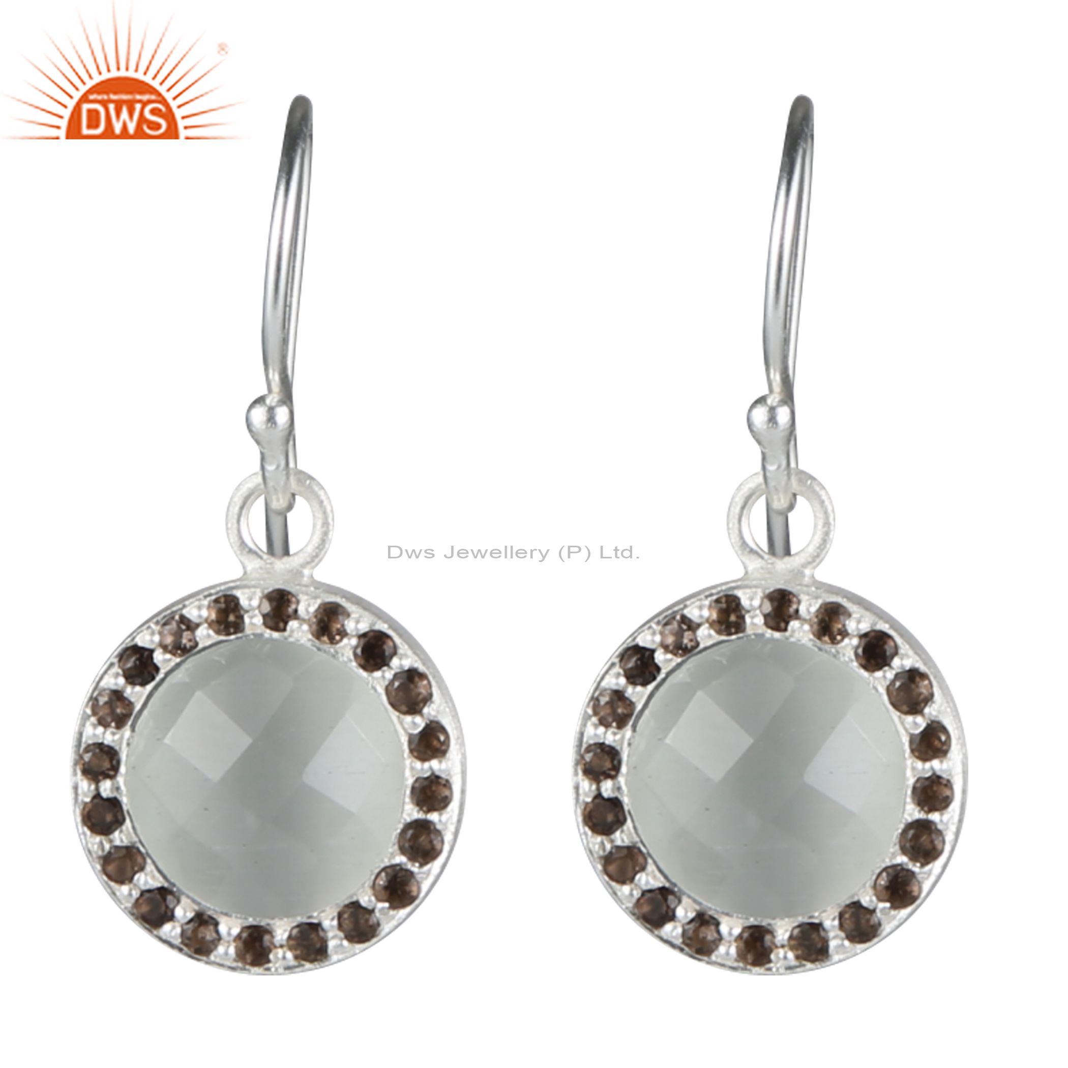 925 Sterling Silver White Moonstone And Smoky Quartz Halo Style Dangle Earrings