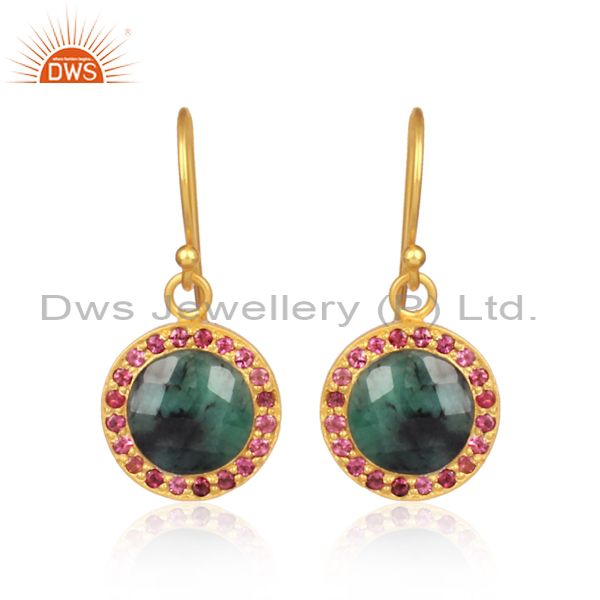18K Gold Plated Silver Emerald And Pink Tourmaline Halo Style Drop Earrings