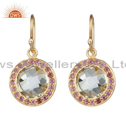 18K Gold Over Silver Lemon Topaz And Pink Tourmaline Halo Style Drop Earrings
