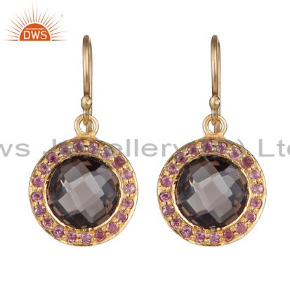 18K Gold Over Silver Smoky Quartz And Pink Tourmaline Halo Style Drop Earrings