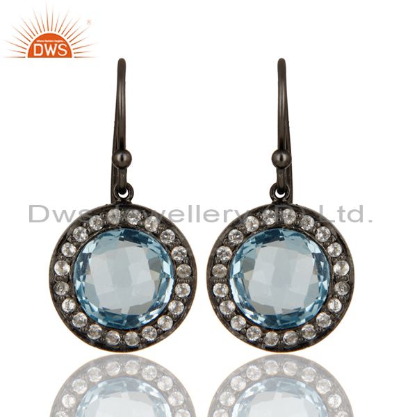 Oxidized Sterling Silver Blue Topaz And White Topaz Halo Dangle Earrings