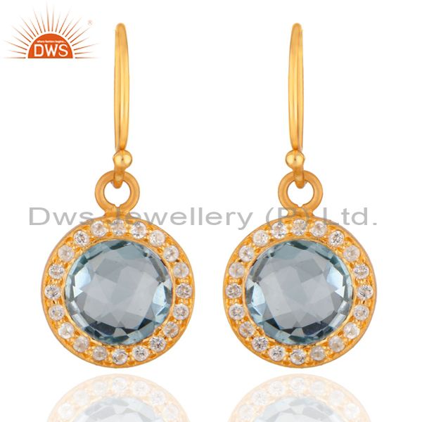 14K Yellow Gold Plated Sterling Silver Blue Topaz And White Topaz Halo Earrings