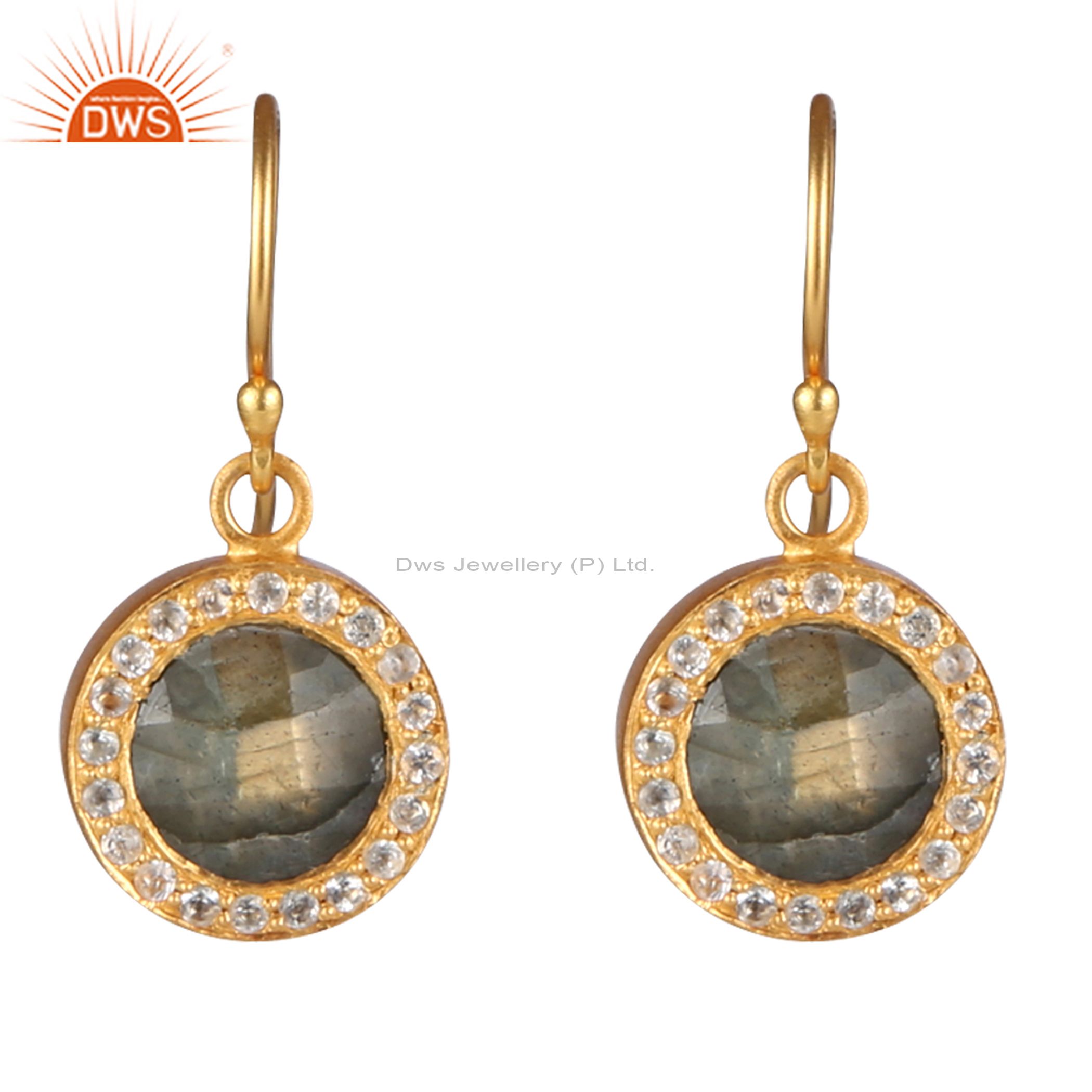 18K Yellow Gold Plated Sterling Silver Labradorite And White Topaz Halo Earrings