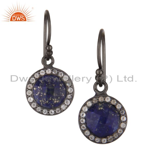 Oxidized Sterling Silver Lapis Lazuli And White Topaz Halo Style Drop Earrings