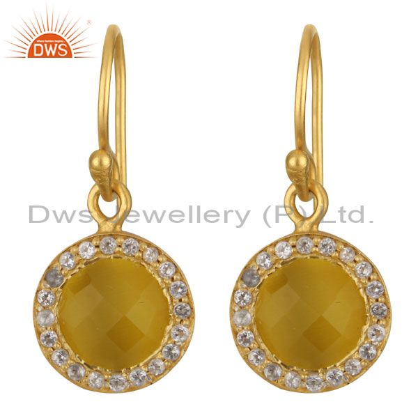 18K Gold Plated Sterling Silver Yellow Moonstone & White Topaz Halo Drop Earring