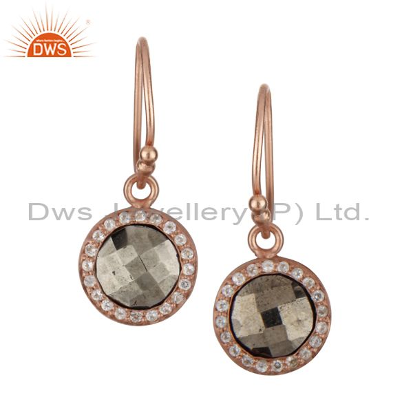 18K Rose Gold Plated Sterling Silver Pyrite And White Topaz Halo Earrings