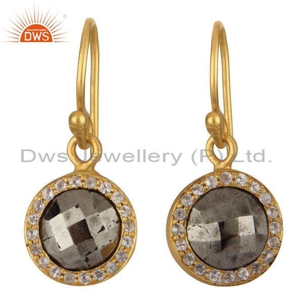 18K Yellow Gold Plated Sterling Silver Pyrite And White Topaz Halo Drop Earrings
