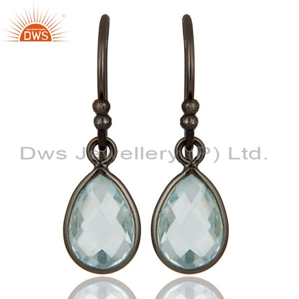925 Sterling Silver With Oxidized Blue Topaz Gemstone Bezel Set Dangle Earrings