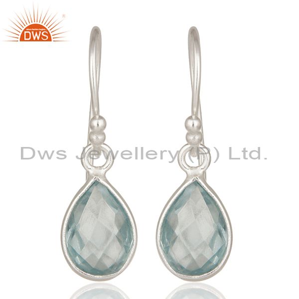 925 Sterling Silver Natural Blue Topaz Gemstone Bezel Set Drop Earrings