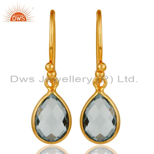 18k Gold Plated Sterling Silver Blue Topaz Gemstone Bezel Set Dangle Earrings