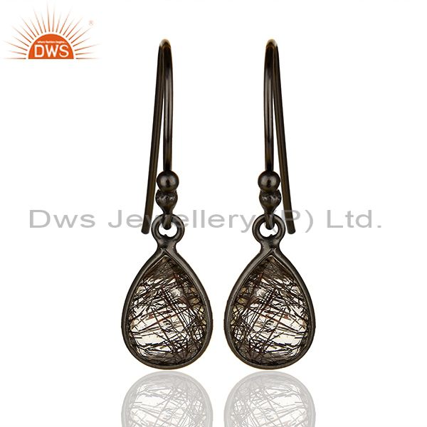 Handmade 925 Silver Black Rutile Gemstone Girls Drop Earrings Jewelry