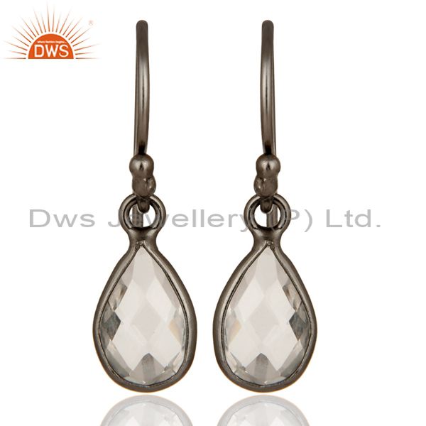 Oxidized Sterling Silver Faceted Crystal Quartz Bezel Set Teardrop Earrings