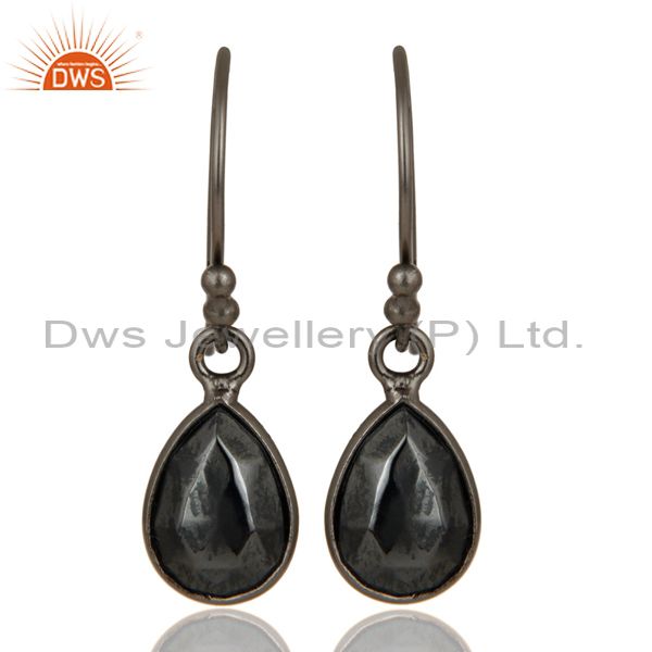 Oxidized Solid Sterling Silver Faceted Pyrite Bezel Set Gemstone Drop Earrings