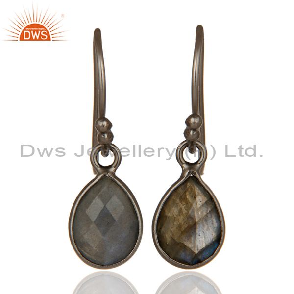 Labradorite Gemstone Bezel Set Drop Earrings Made In Oxidized Sterling Silver