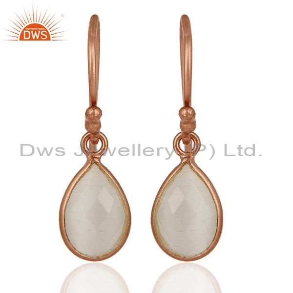 18K Rose Gold Plated Sterling Silver Faceted White Moonstone Bezel Drop Earrings