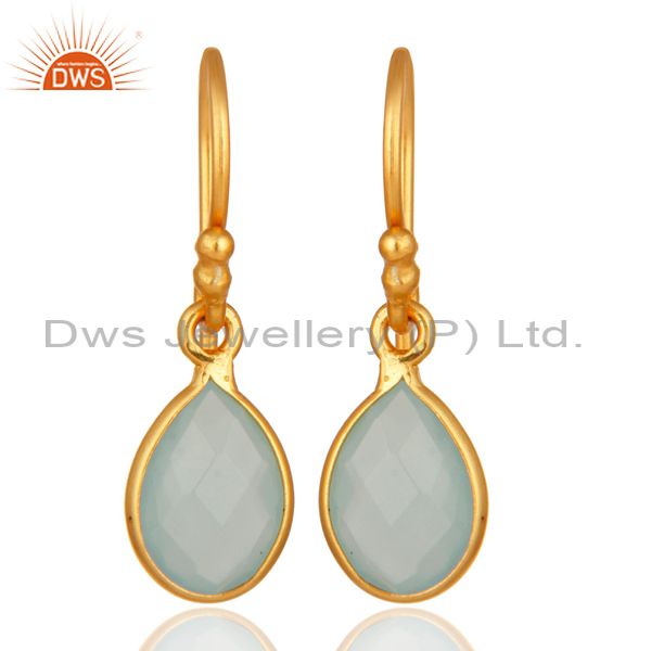 18K Yellow Gold Plated Dyed Aqua Chalcedony Gemstone Bezel Set Drop Earrings